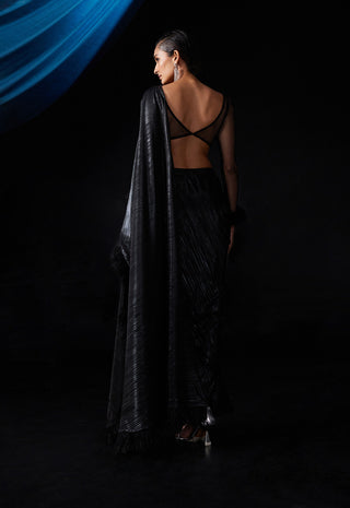 Roqa-Black Embroidered Stitched Sari And Blouse-INDIASPOPUP.COM