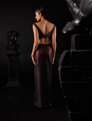 Roqa-Black Copper Draped Skirt Set-INDIASPOPUP.COM