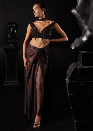 Roqa-Black Copper Draped Skirt Set-INDIASPOPUP.COM