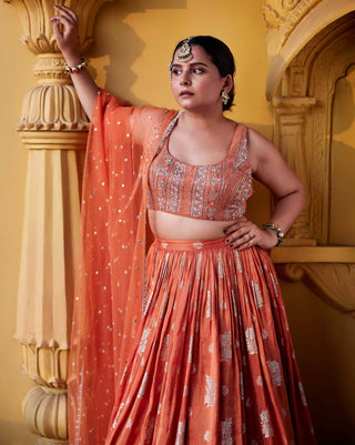 Chamee And Palak-Rust Zest Jamewar Lehenga Set-INDIASPOPUP.COM