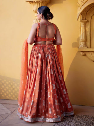 Chamee And Palak-Rust Zest Jamewar Lehenga Set-INDIASPOPUP.COM