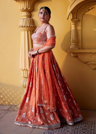 Chamee And Palak-Rust Zest Jamewar Lehenga Set-INDIASPOPUP.COM