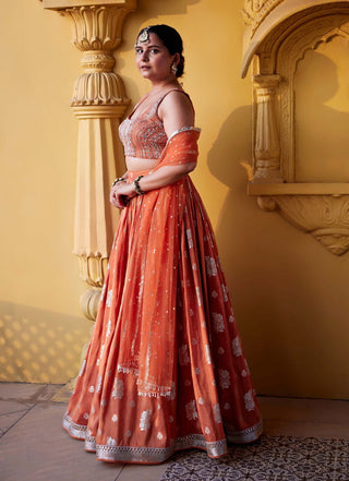 Chamee And Palak-Rust Zest Jamewar Lehenga Set-INDIASPOPUP.COM