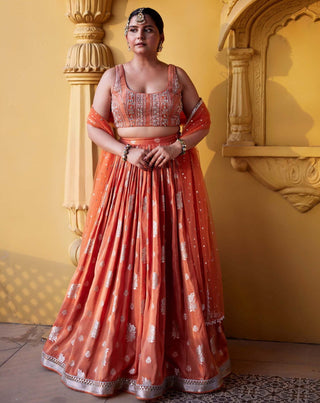 Chamee And Palak-Rust Zest Jamewar Lehenga Set-INDIASPOPUP.COM