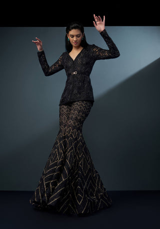 Isra black mandarin kurta and sharara set