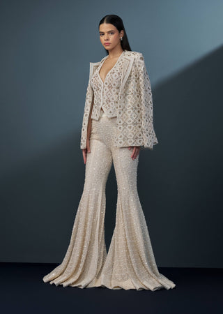 Illume ivory & gold retro waist-coat, blazer and sharara