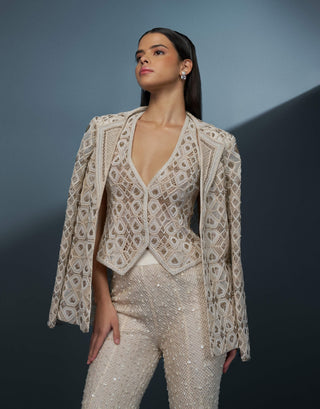 Illume ivory & gold retro waist-coat, blazer and sharara