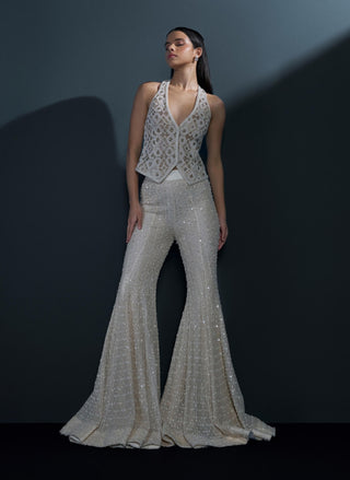 Illume ivory & gold retro waist-coat, blazer and sharara