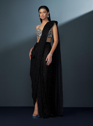Heather black pre-draped slit sari and bustier