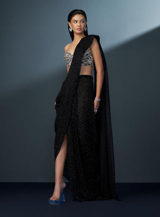 Heather black pre-draped slit sari and bustier