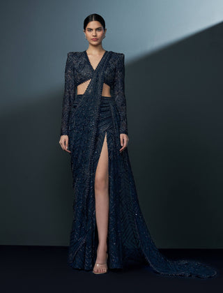 Stellar midnight blue alamy slit sari and blouse