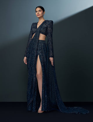 Stellar midnight blue alamy slit sari and blouse
