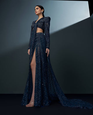 Stellar midnight blue alamy slit sari and blouse
