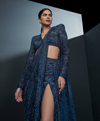 Stellar midnight blue alamy slit sari and blouse