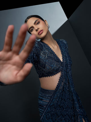 Stellar midnight blue alamy slit sari and blouse