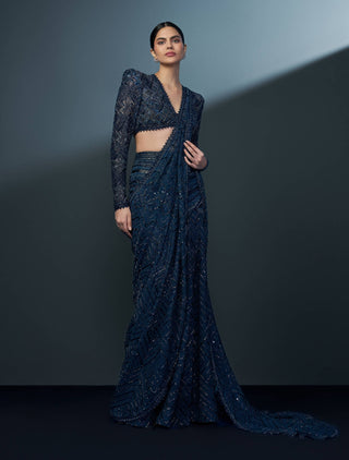 Stellar midnight blue alamy slit sari and blouse