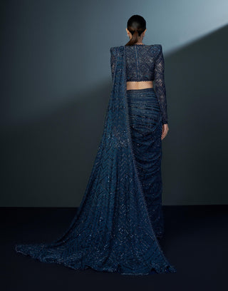 Stellar midnight blue alamy slit sari and blouse