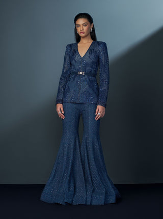 Crystals midnight blue mesh kurta and sharara set