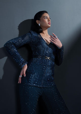 Crystals midnight blue mesh kurta and sharara set