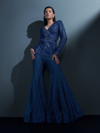 Crystals midnight blue mesh kurta and sharara set