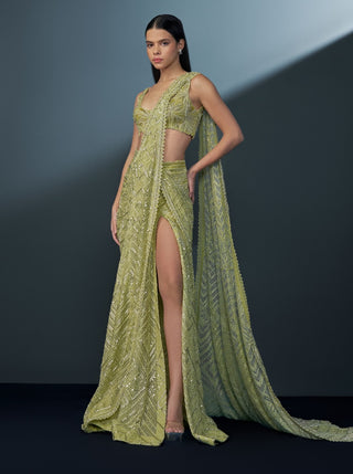 Seraphina arctic lime slit sari and blouse