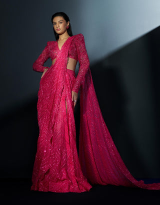 Stellar fuschia pink alamy slit sari and blouse