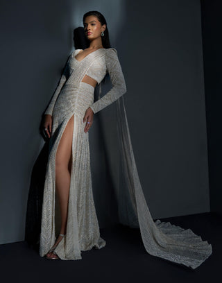 Ayla ivory beaded blouse and slit sari