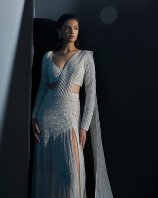 Ayla ivory beaded blouse and slit sari