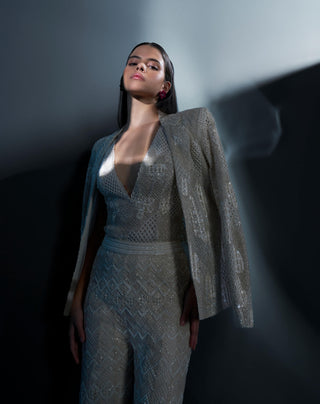 Viora ivory bodysuit, blazer and sharara