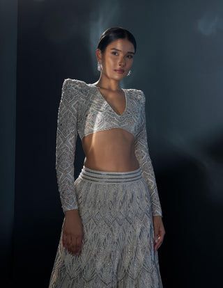 Imperia ivory blue and pink blouse and lehenga set