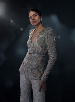 Elevara ivory blue and pink palm pattern kurta sharara set