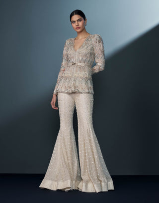 Elevara ivory blue and pink palm pattern kurta sharara set