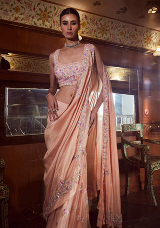 Rococo By Raghvi-Rosette Peach Sequin Sharara And Drape Set-INDIASPOPUP.COM