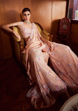 Rococo By Raghvi-Rosette Peach Sequin Sharara And Drape Set-INDIASPOPUP.COM