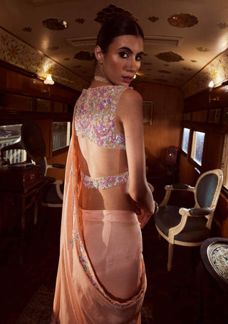 Rococo By Raghvi-Rosette Peach Sequin Sharara And Drape Set-INDIASPOPUP.COM