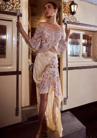 Rococo By Raghvi-Verdant Beige Draped Skirt And Blouse-INDIASPOPUP.COM