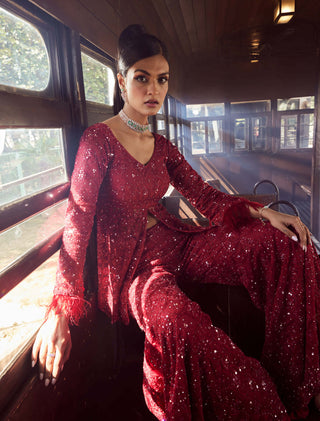 Rococo By Raghvi-Sequoia Red Sequins Sharara Set-INDIASPOPUP.COM