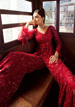 Rococo By Raghvi-Sequoia Red Sequins Sharara Set-INDIASPOPUP.COM