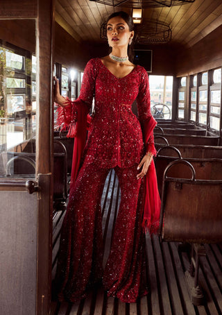 Rococo By Raghvi-Sequoia Red Sequins Sharara Set-INDIASPOPUP.COM