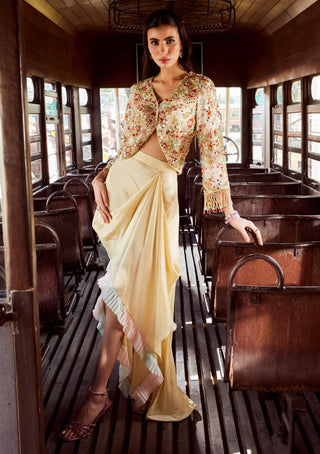 Rococo By Raghvi-Sylvania Beige Draped Skirt And Jacket-INDIASPOPUP.COM