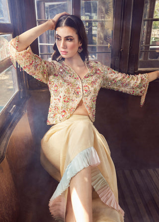 Rococo By Raghvi-Sylvania Beige Draped Skirt And Jacket-INDIASPOPUP.COM