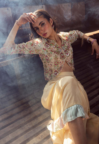 Rococo By Raghvi-Sylvania Beige Draped Skirt And Jacket-INDIASPOPUP.COM