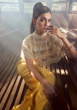 Rococo By Raghvi-Alectrona Ice Mustard Draped Skirt And Cape-INDIASPOPUP.COM