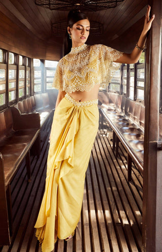 Rococo By Raghvi-Alectrona Ice Mustard Draped Skirt And Cape-INDIASPOPUP.COM