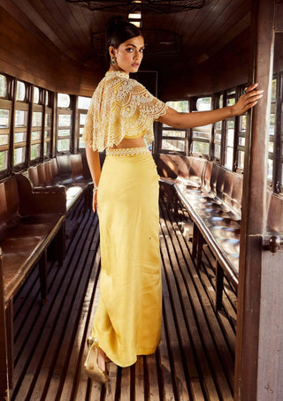 Rococo By Raghvi-Alectrona Ice Mustard Draped Skirt And Cape-INDIASPOPUP.COM