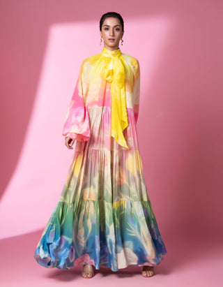 Evening Bloom Long Tiered Dress by Siddhartha Bansal, available on Indiaspopup.com