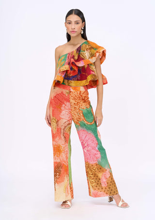 Flame Coor Ruffle Top And Pants by Siddhartha Bansal, available on Indiaspopup.com
