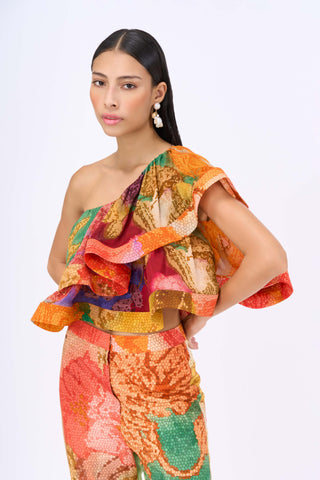 Flame Coor Ruffle Top And Pants by Siddhartha Bansal, available on Indiaspopup.com