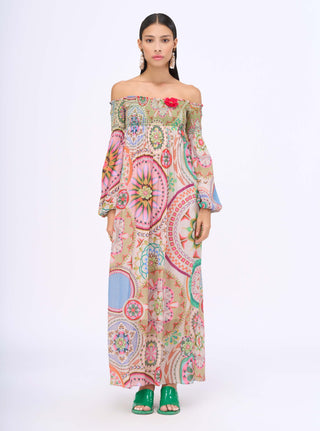 Multicolor Smocking Off-Shoulder Dress by Siddhartha Bansal, available on Indiaspopup.com