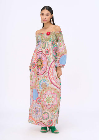 Multicolor Smocking Off-Shoulder Dress by Siddhartha Bansal, available on Indiaspopup.com